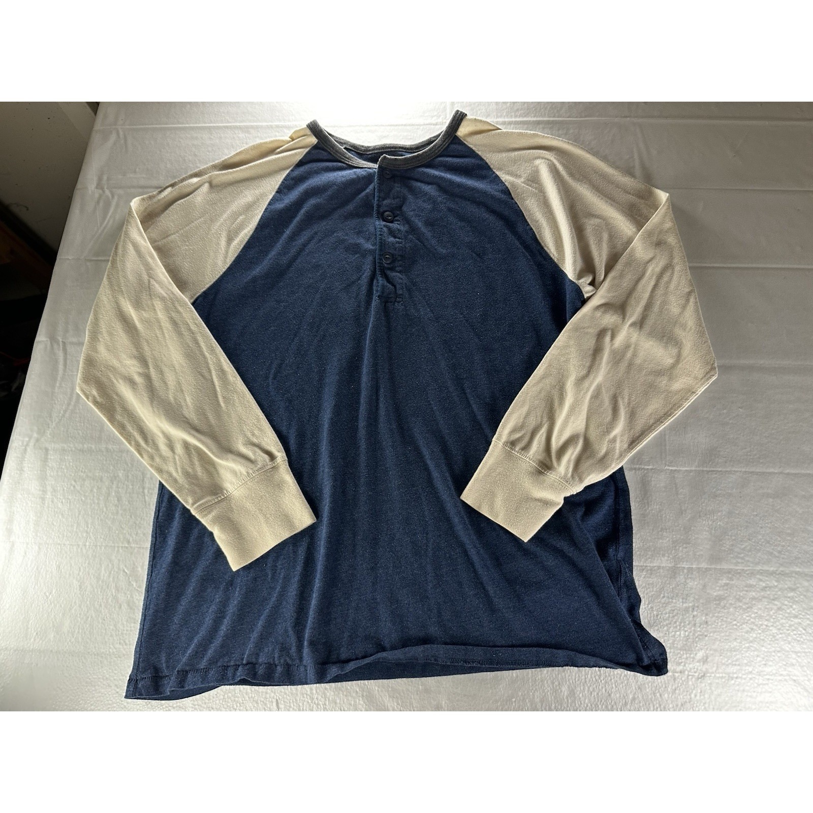 J.Crew Ruffle Henley Shirt Mens Large Blue White Cotton Classic Long Sleeve